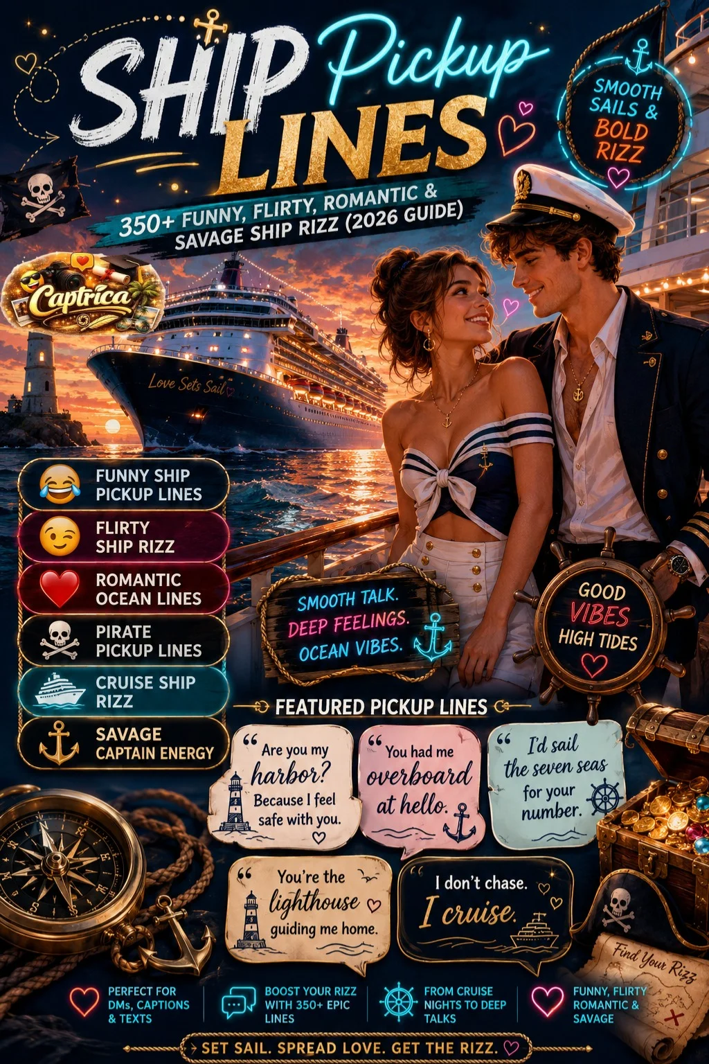 “Ship Pickup Lines infographic featuring funny, flirty, romantic, pirate, and cruise ship rizz quotes with a luxury nautical ocean theme.”