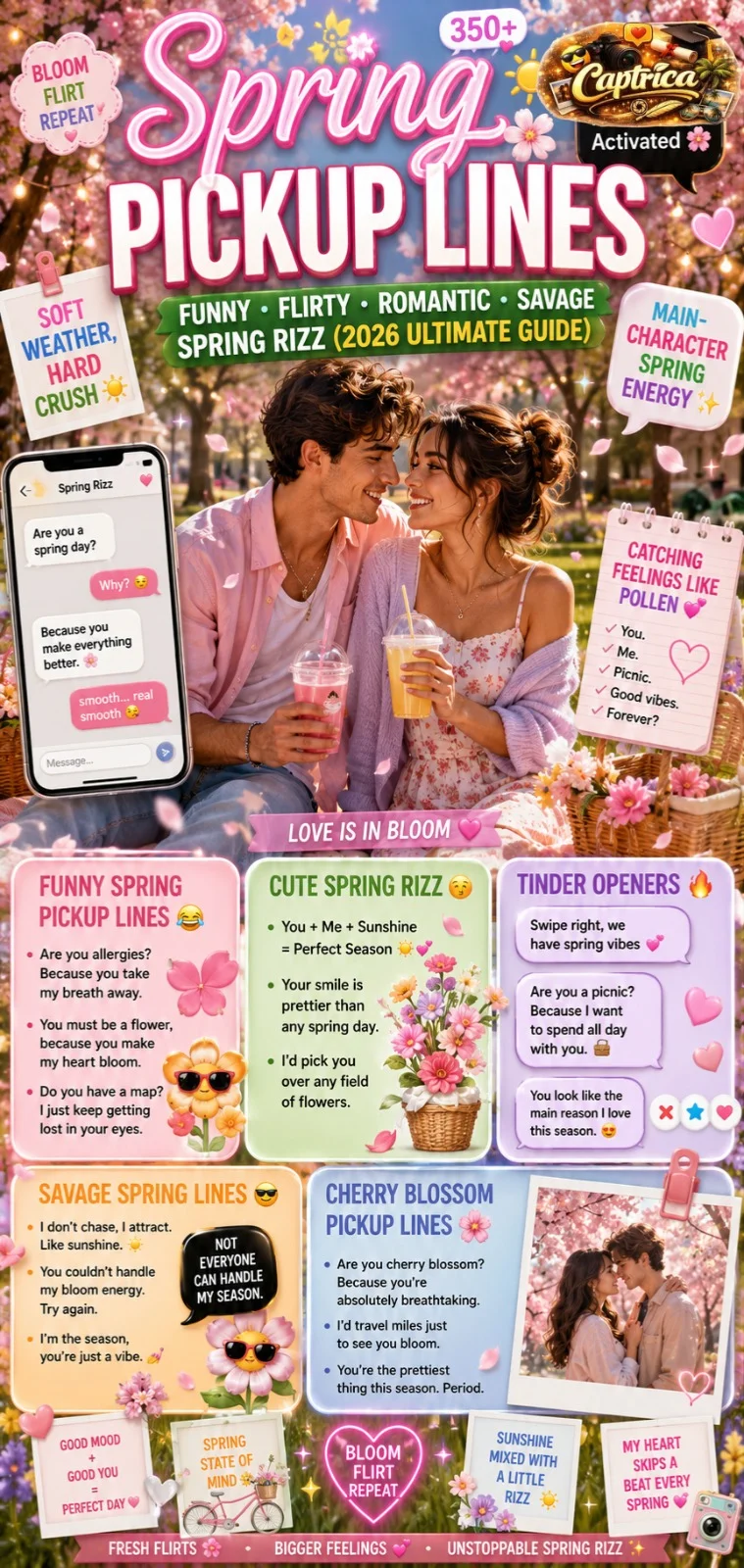 Spring Pickup Lines infographic featuring funny, flirty, romantic, and savage spring rizz with cherry blossoms, sunshine, dating-app vibes, and Gen-Z flirting aesthetics.