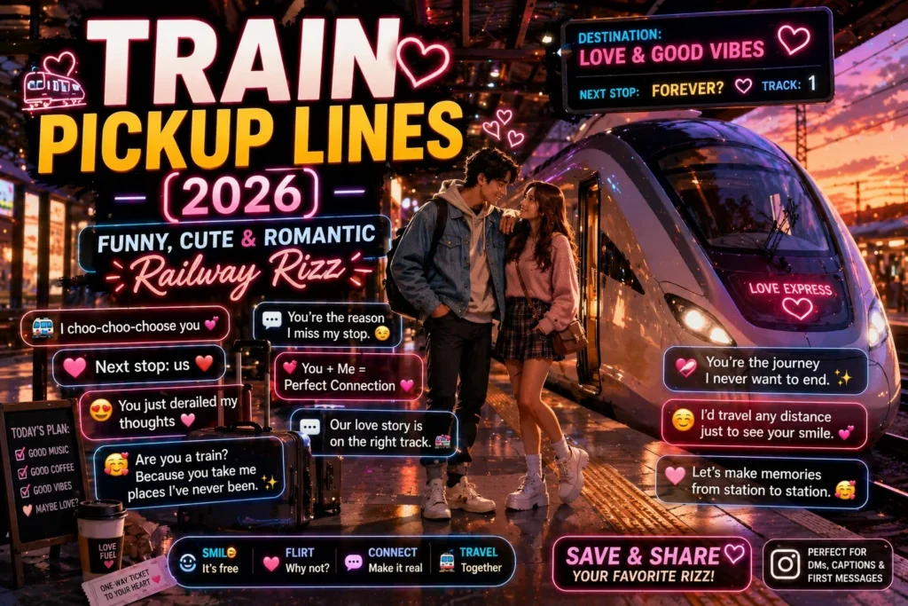 Funny and romantic train pickup lines infographic featuring a stylish couple at a glowing train station with modern railway rizz quotes and cinematic travel vibes.