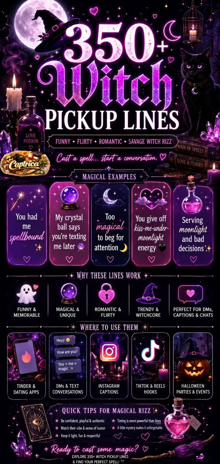 Witch pickup lines infographic featuring funny, flirty, romantic, and savage witch rizz quotes with magical witchcore Halloween aesthetics, moonlight, candles, crystals, and spooky social-media-style design.