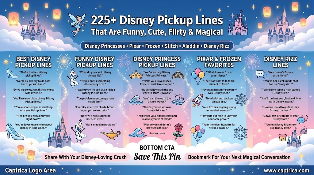 225+ Disney Pickup Lines infographic featuring funny, cute, flirty, princess-themed, Pixar-inspired, Frozen, Stitch, Aladdin, Disney park, and Disney rizz pickup lines for Disney fans.