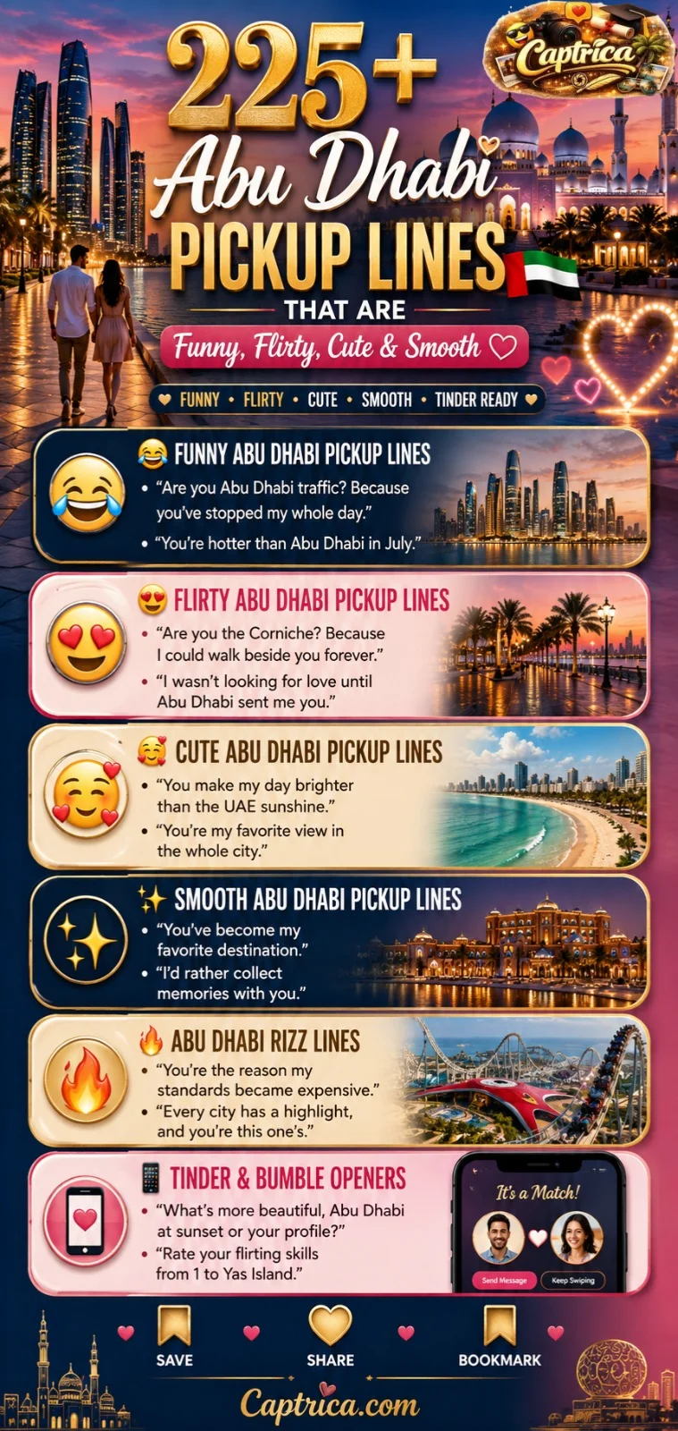225+ Abu Dhabi pickup lines infographic featuring funny, flirty, cute, smooth, Tinder, Bumble, and Abu Dhabi rizz lines inspired by Yas Island, Corniche Beach, and Sheikh Zayed Grand Mosque.