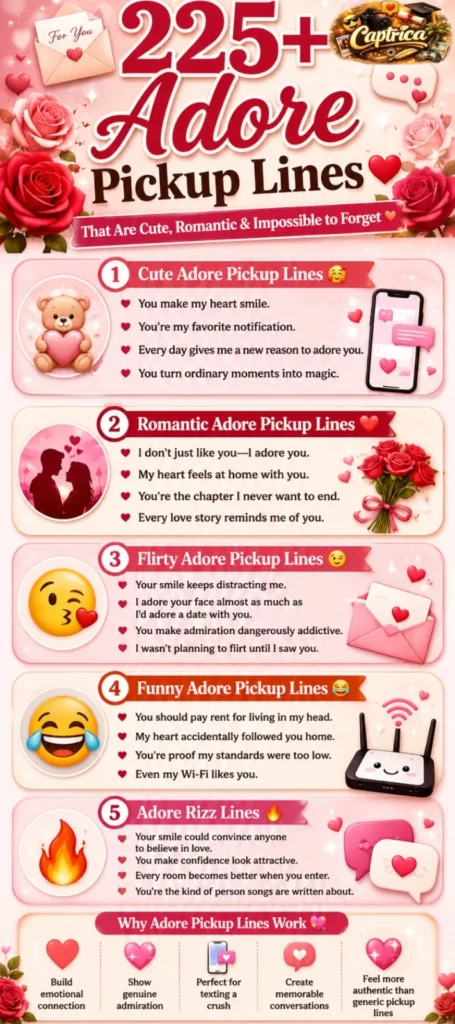 225+ adore pickup lines infographic featuring cute, romantic, flirty, funny, and sweet pickup lines for crushes, texting, flirting, and social media conversations.