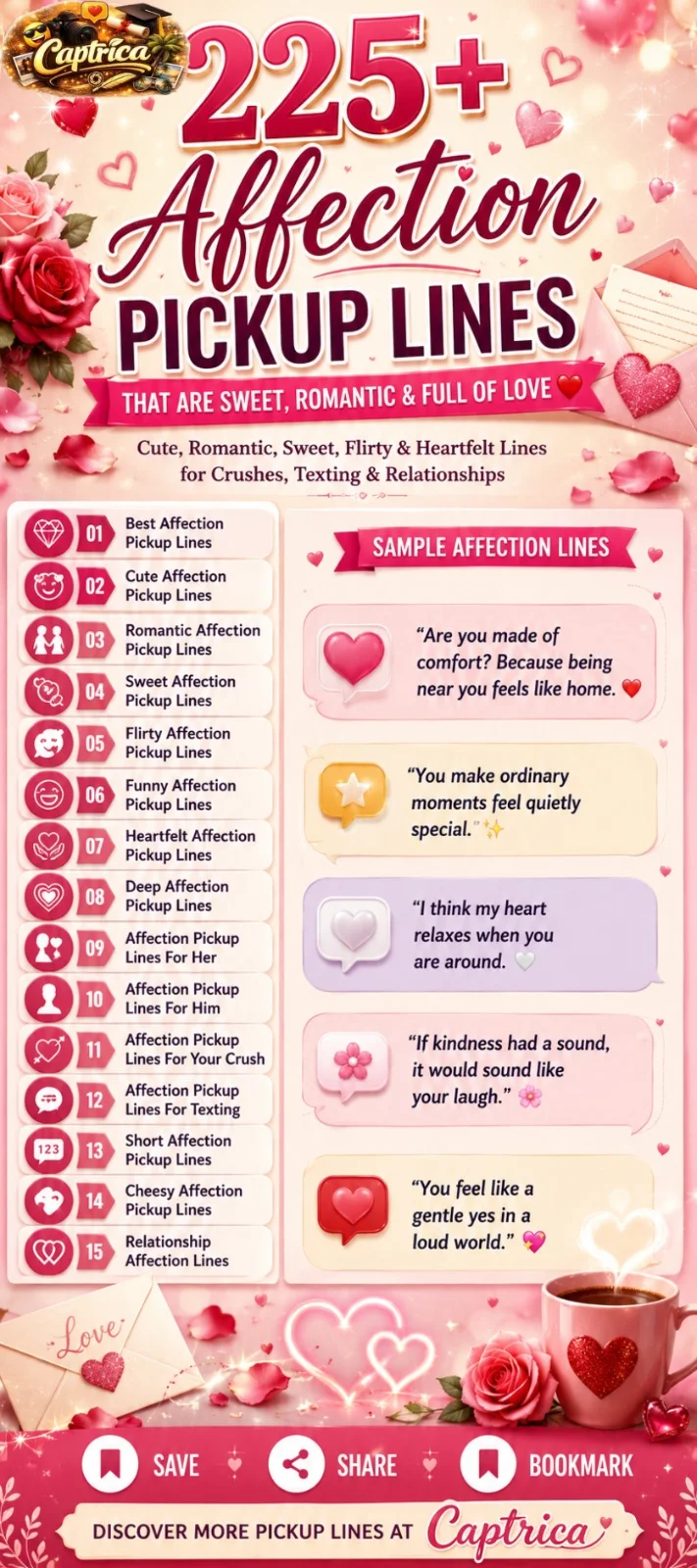 225+ affection pickup lines infographic featuring cute, romantic, sweet, flirty, heartfelt, and relationship-themed pickup lines for crushes, texting, dating, and couples.