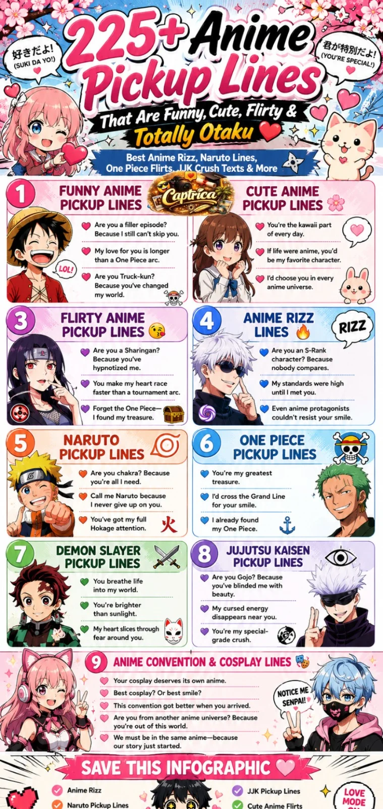 225+ anime pickup lines infographic featuring funny anime pickup lines, cute anime rizz, Naruto pickup lines, One Piece pickup lines, Jujutsu Kaisen flirty lines, cosplay pickup lines, and anime dating openers.