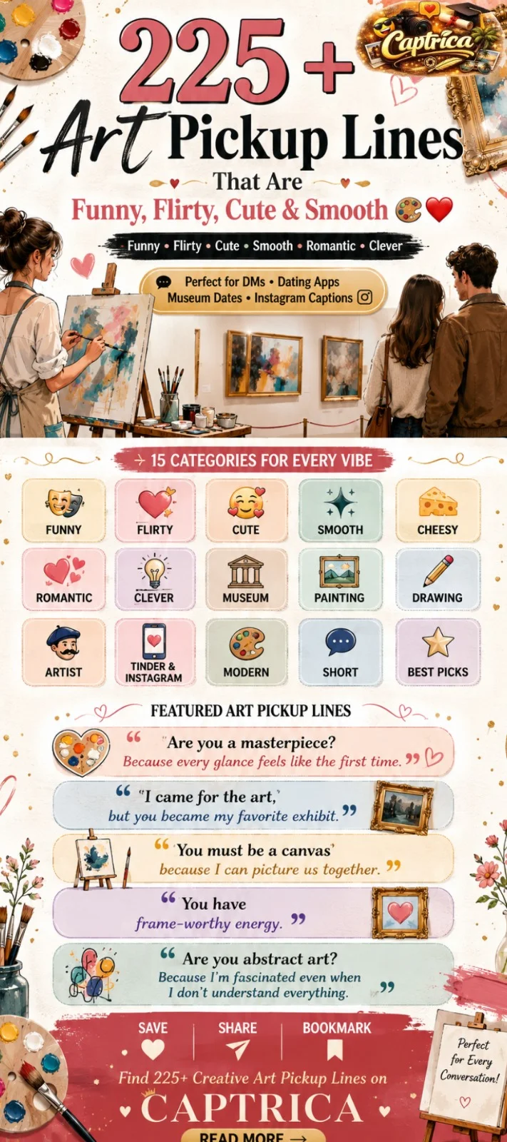 225+ art pickup lines infographic featuring funny, flirty, cute, smooth, romantic, and museum-inspired pickup lines for artists, dating apps, and social media.