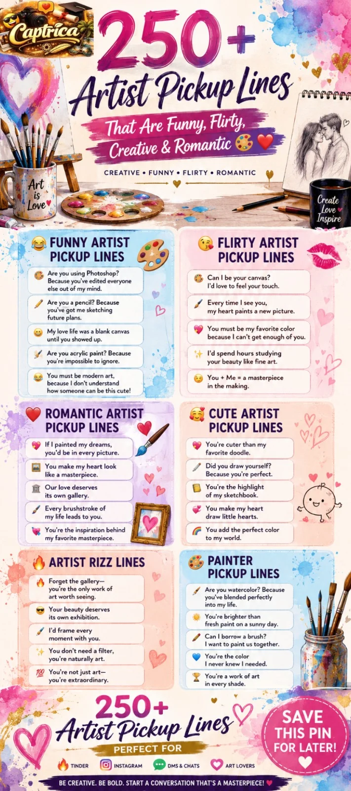 250+ artist pickup lines infographic featuring funny, flirty, romantic, cute, and creative art-themed pickup lines for artists, painters, and art lovers.