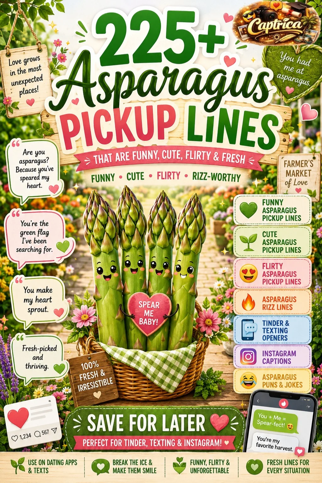 225+ Asparagus Pickup Lines infographic featuring funny, cute, flirty, romantic, Tinder-ready, texting, and Instagram-worthy asparagus pickup lines with fresh garden-themed illustrations.