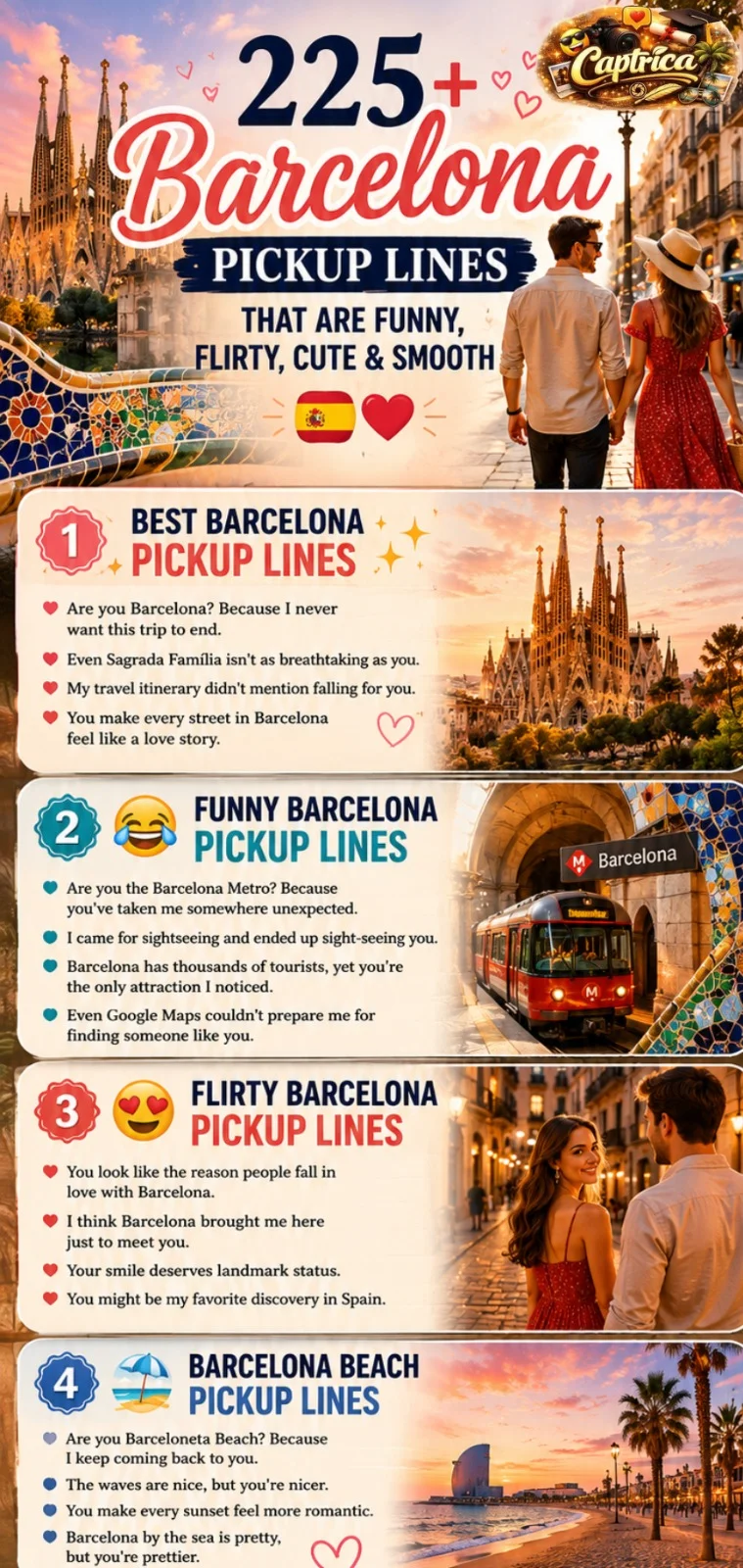 225+ Barcelona pickup lines infographic featuring funny, flirty, cute, romantic, beach, travel, and FC Barcelona-inspired pickup lines with Sagrada Família, Park Güell, and Barceloneta Beach visuals.