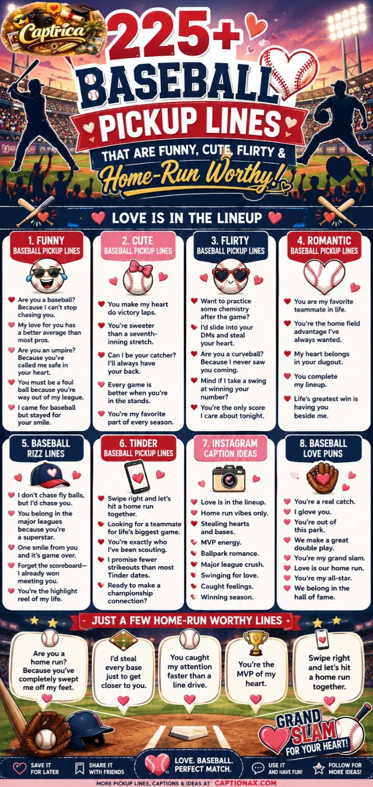 "Pinterest infographic featuring 225+ baseball pickup lines including funny, cute, flirty, romantic, Tinder, and baseball rizz lines with baseball-themed graphics, stadium visuals, and dating-inspired design."