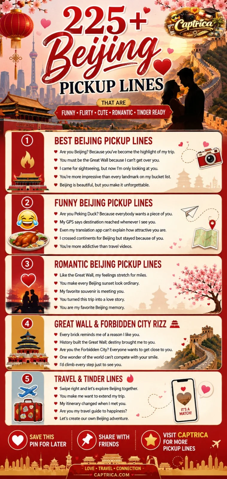 225+ Beijing pickup lines infographic featuring funny, flirty, romantic, Great Wall, Forbidden City, Tinder, and travel-themed pickup lines inspired by Beijing, China.