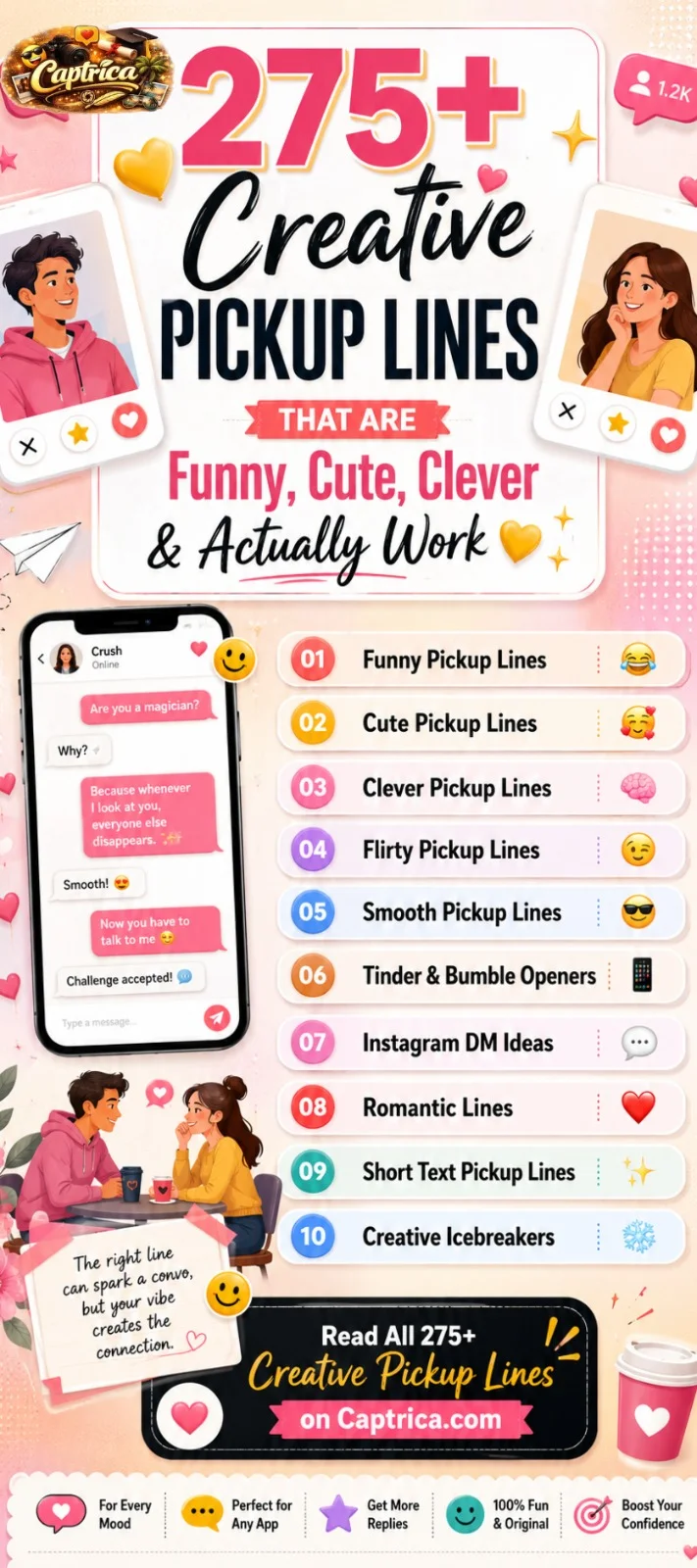 275+ creative pickup lines infographic featuring funny, cute, clever, flirty, smooth, romantic, and dating app pickup lines for Tinder, Bumble, Instagram, and texting.