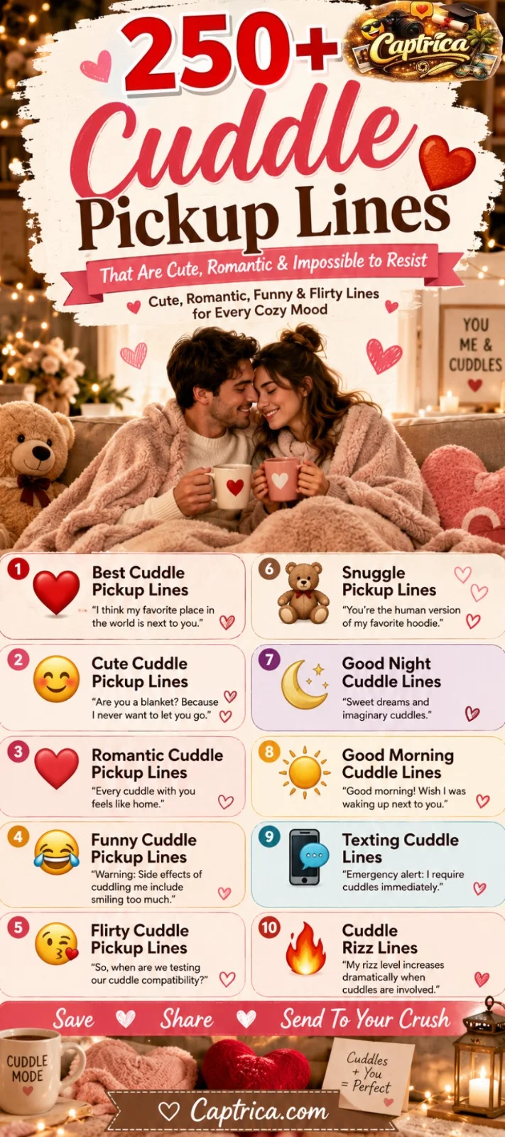 250+ cuddle pickup lines infographic featuring cute, romantic, funny, and flirty cuddle lines with a cozy couple, blankets, hearts, and warm relationship-themed design.
