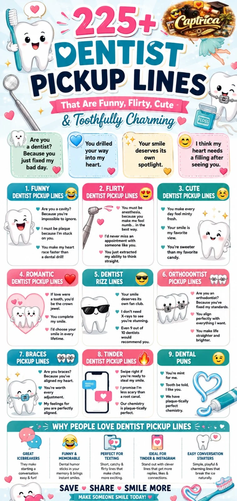 Pinterest infographic featuring 225+ dentist pickup lines, including funny, flirty, cute, romantic, orthodontist, braces, Tinder, and dental pun pickup lines with colorful smile-themed illustrations.