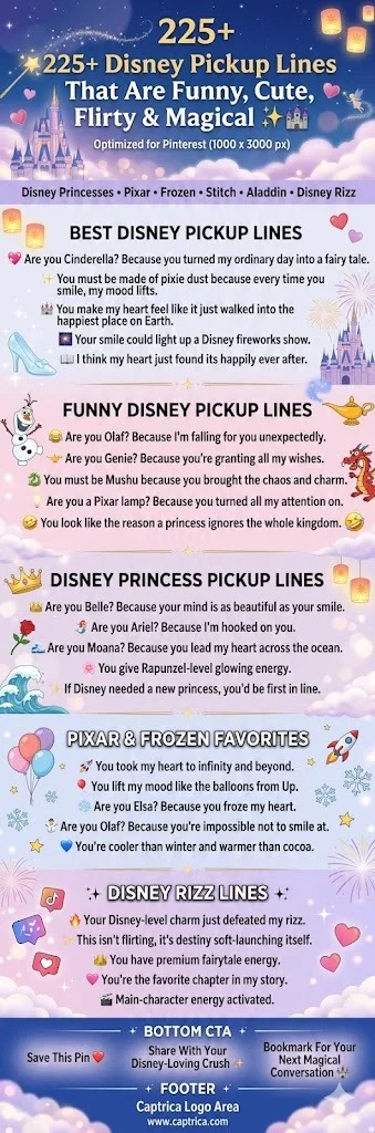Looking for the best Disney pickup lines? This infographic features 225+ funny, cute, romantic, flirty, and magical Disney-inspired pickup lines. Explore Disney princess pickup lines, Pixar jokes, Frozen-themed rizz, Stitch-inspired flirting, Aladdin romance lines, Disney park openers, and more. Perfect for texting, Tinder, Instagram captions, Disney fans, and anyone searching for creative ways to start a magical conversation.