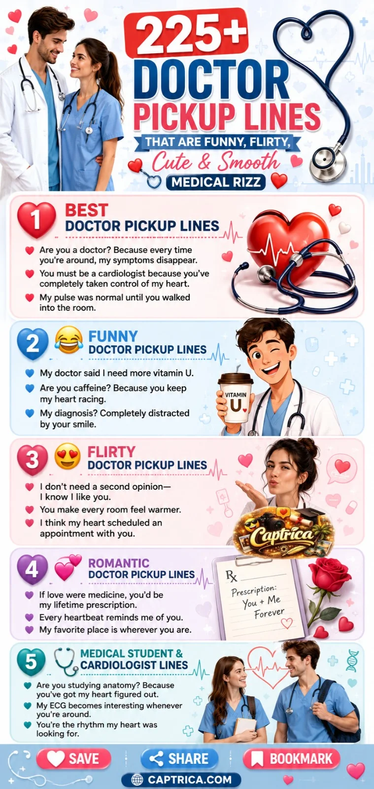 Infographic featuring 225+ doctor pickup lines, including funny, flirty, romantic, cute, smooth, cardiologist, medical student, and healthcare-themed pickup lines with medical illustrations and heart graphics.