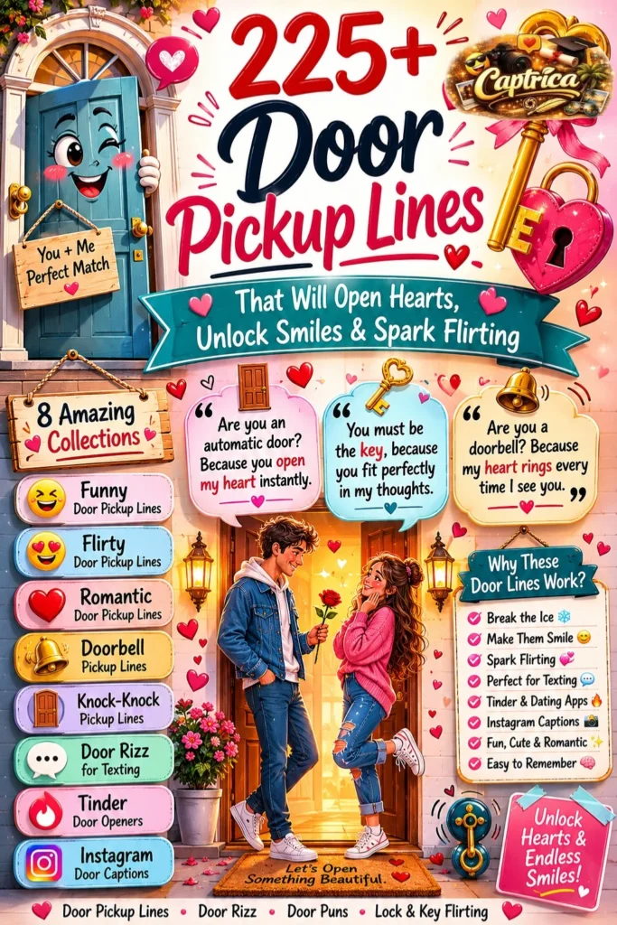 Pinterest-style infographic featuring 225+ door pickup lines with funny, flirty, romantic, and clever door-themed jokes, lock-and-key puns, doorbell pickup lines, Tinder openers, and Instagram caption ideas.