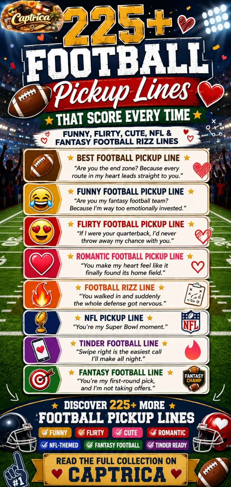 225+ football pickup lines infographic featuring funny, flirty, romantic, NFL-themed, fantasy football, and Tinder pickup lines for football fans.