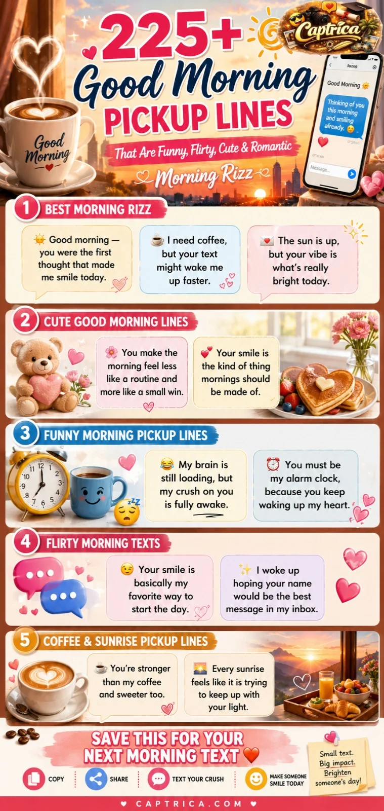 Infographic featuring 225+ good morning pickup lines including funny, flirty, cute, romantic, coffee-themed, sunrise-inspired, and morning rizz text messages for crushes, couples, and dating apps.
