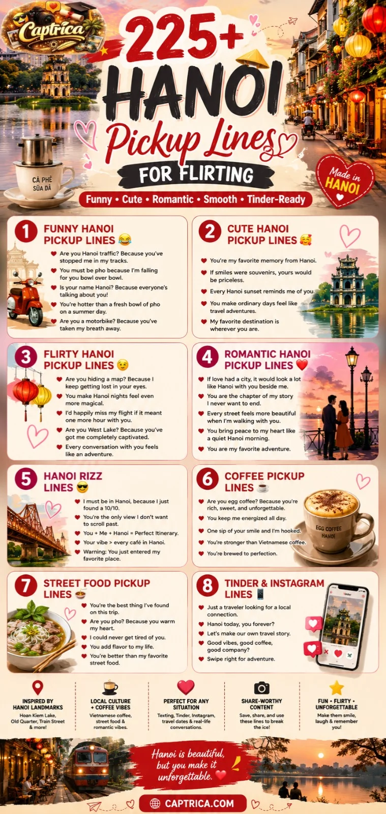 Pinterest infographic featuring 225+ Hanoi pickup lines for flirting, including funny, cute, romantic, smooth, Tinder, coffee, and Vietnam-inspired pickup lines with Hanoi landmarks and travel-themed dating humor.
