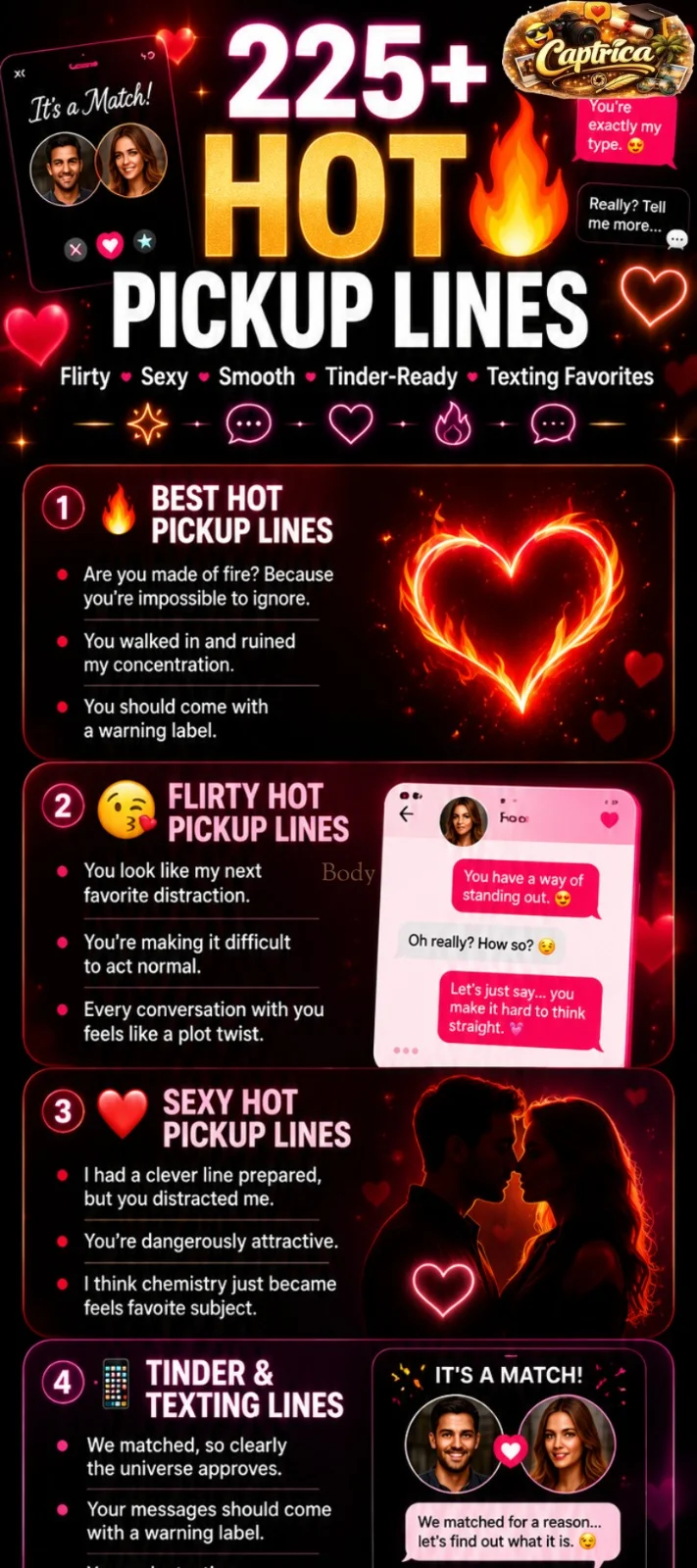 225+ hot pickup lines infographic featuring flirty, sexy, smooth, Tinder, texting, and romantic pickup lines for modern dating and social media conversations.
