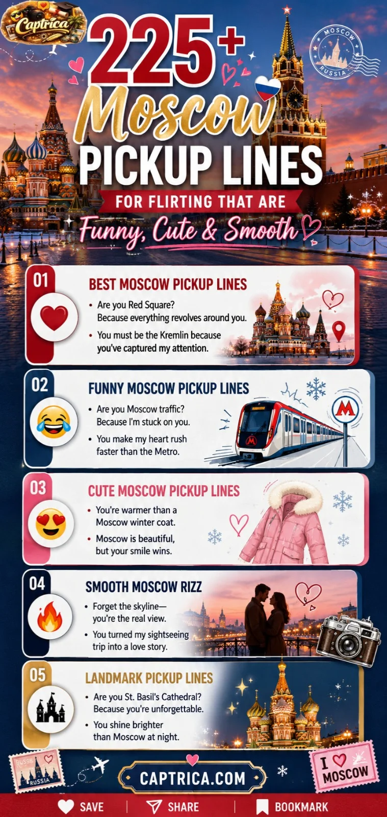 225+ Moscow pickup lines infographic featuring funny, cute, flirty, smooth, Red Square, Kremlin, Moscow Metro, Tinder, and travel-themed rizz lines.