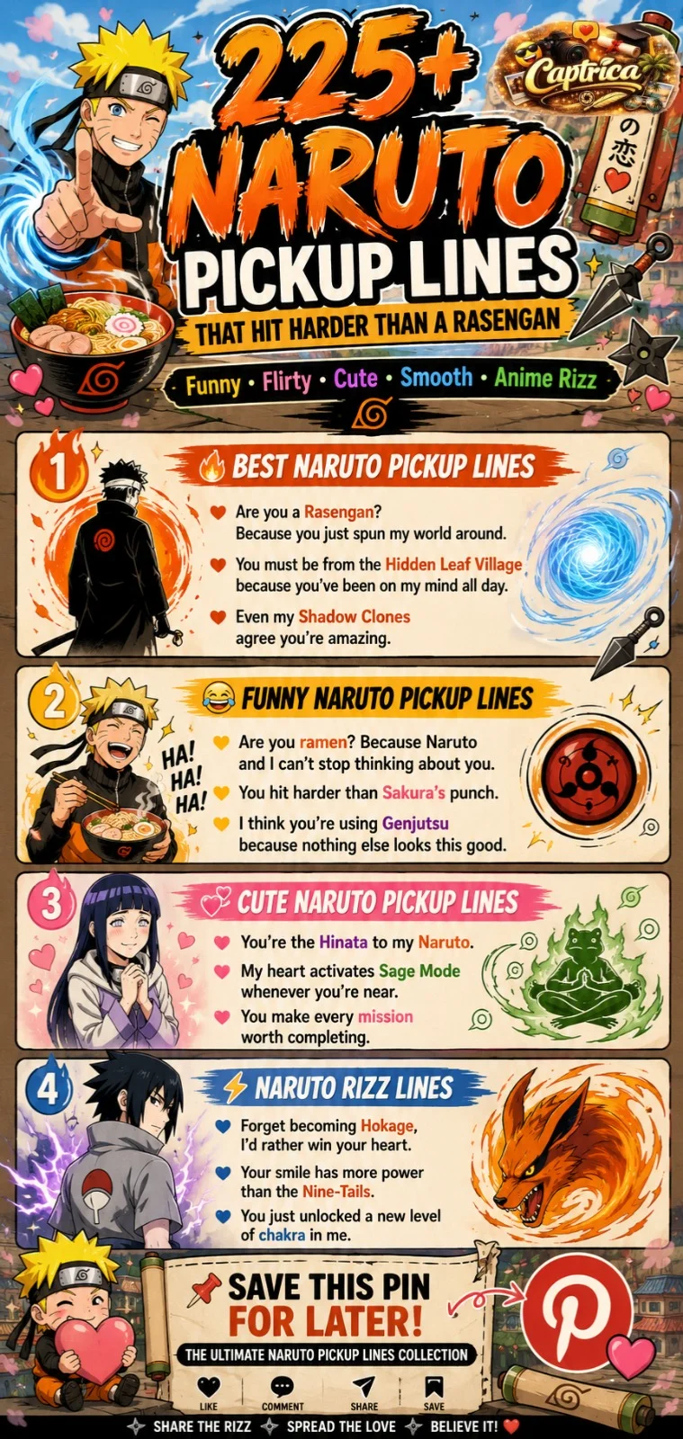 225+ Naruto pickup lines infographic featuring funny, flirty, cute, romantic, and Naruto rizz lines inspired by Rasengan, Sharingan, Hokage, Akatsuki, and anime dating humor.