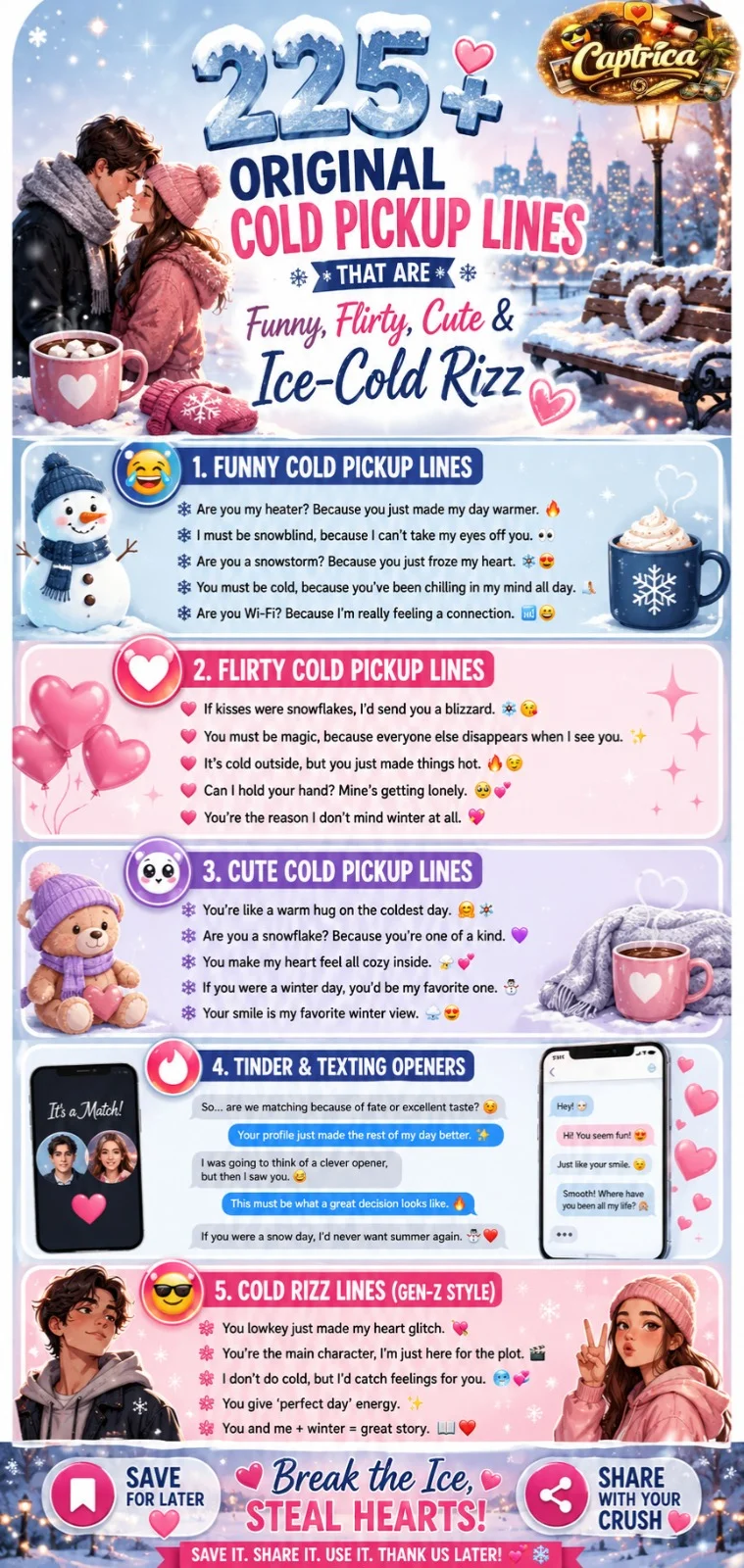 225+ original cold pickup lines infographic featuring funny, flirty, cute, romantic, winter, Tinder, texting, and ice-cold rizz lines with cozy snow-themed dating visuals.