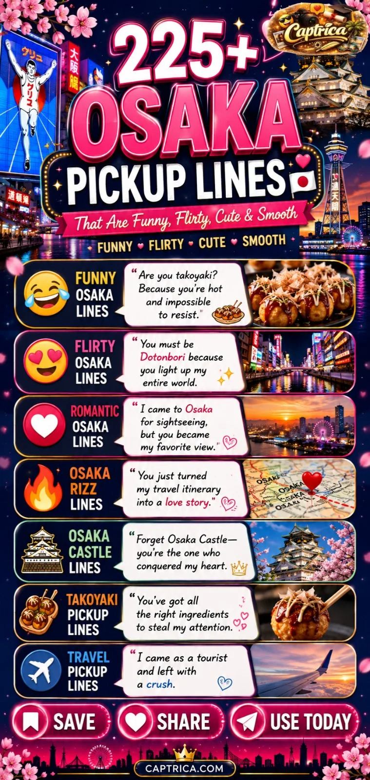 225+ Osaka Pickup Lines infographic featuring funny, flirty, cute, romantic, and smooth pickup lines inspired by Dotonbori, Osaka Castle, Takoyaki, and famous Osaka landmarks.