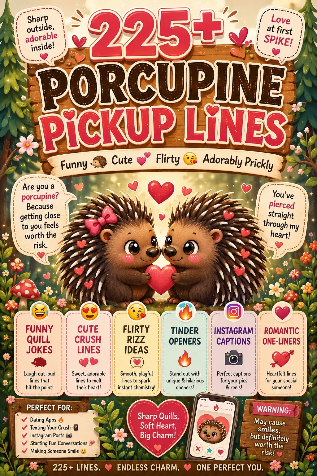 225+ porcupine pickup lines infographic featuring cute cartoon porcupines, funny quill jokes, flirty one-liners, romantic pickup lines, Tinder openers, and adorable woodland-themed dating humor.