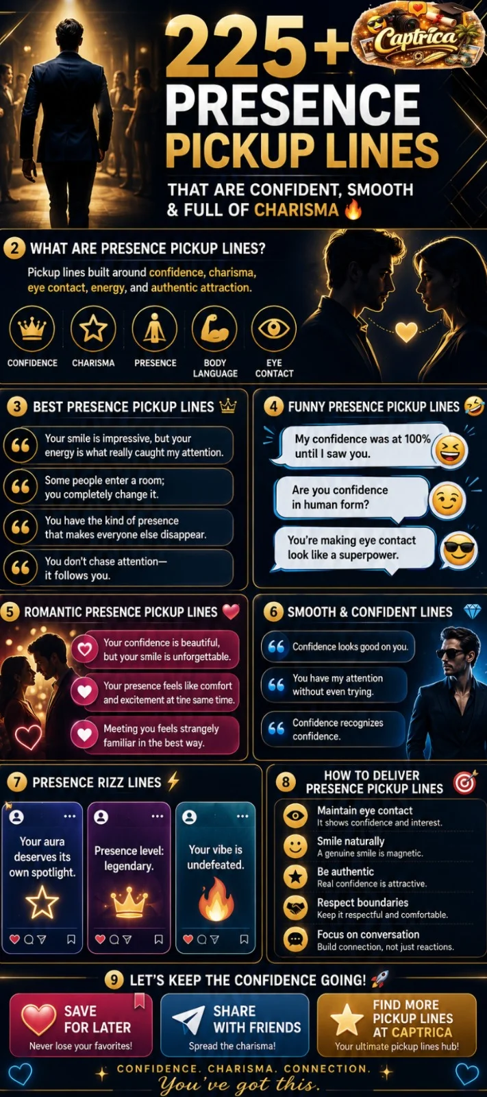 Presence Pickup Lines infographic featuring 225+ confident, smooth, romantic, funny, and charismatic pickup lines with flirting tips, presence rizz examples, and confidence-based conversation starters.