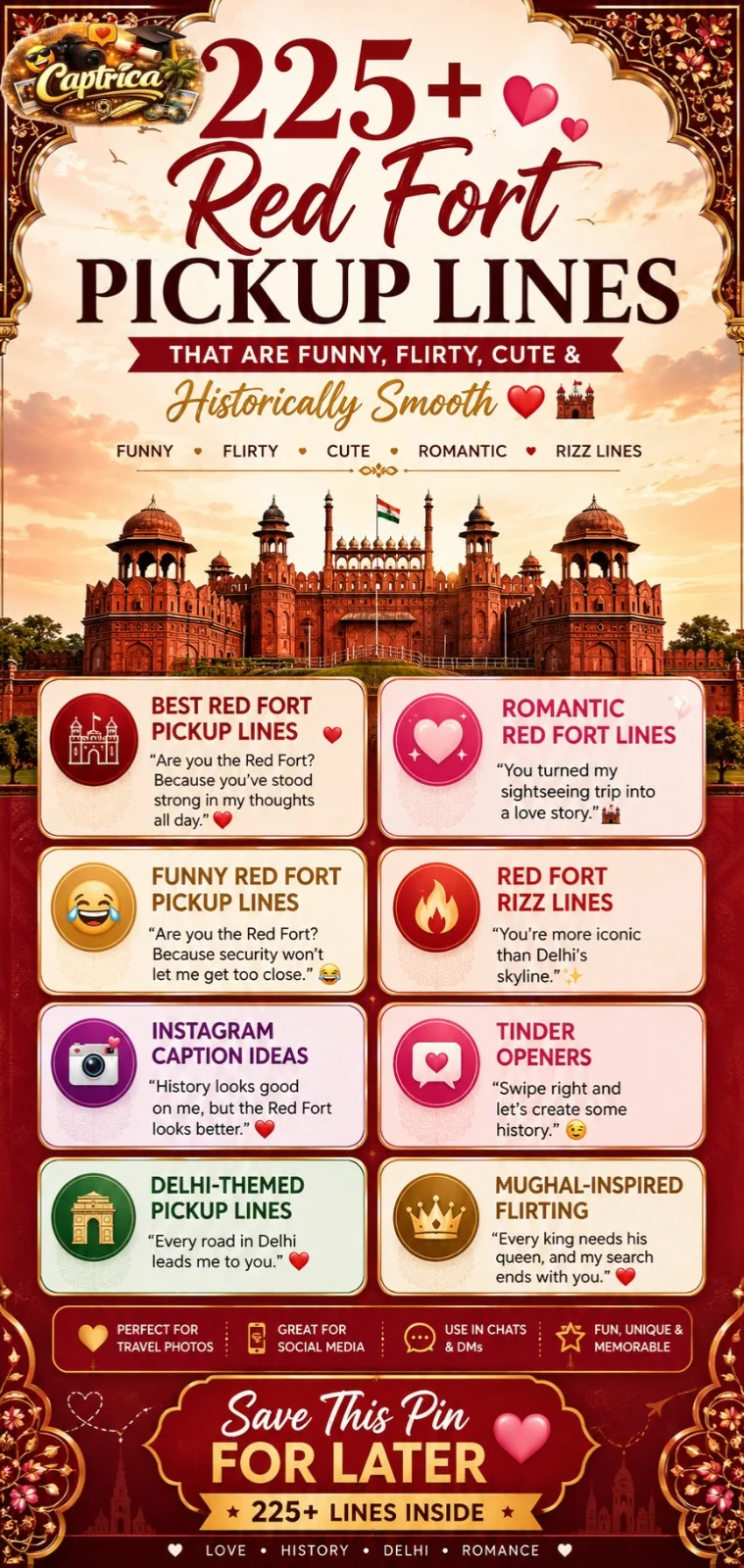 225+ Red Fort pickup lines infographic featuring funny, romantic, flirty, cute, and rizz-inspired lines with Delhi heritage aesthetics, Mughal architecture, Instagram captions, and Tinder opener ideas.