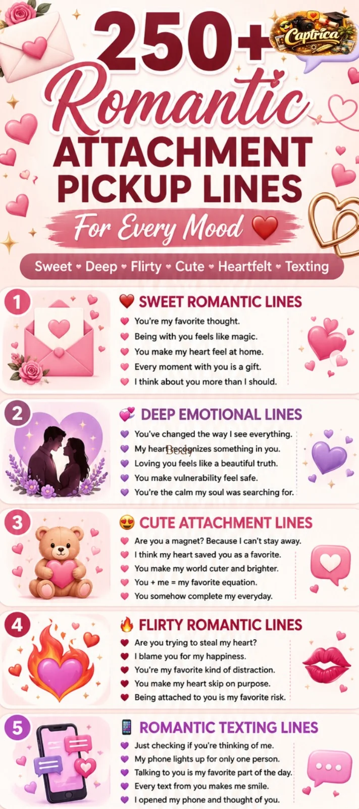 Romantic Attachment Pickup Lines infographic featuring sweet, deep, flirty, cute, texting, soulmate, and heartfelt pickup lines for every romantic mood.