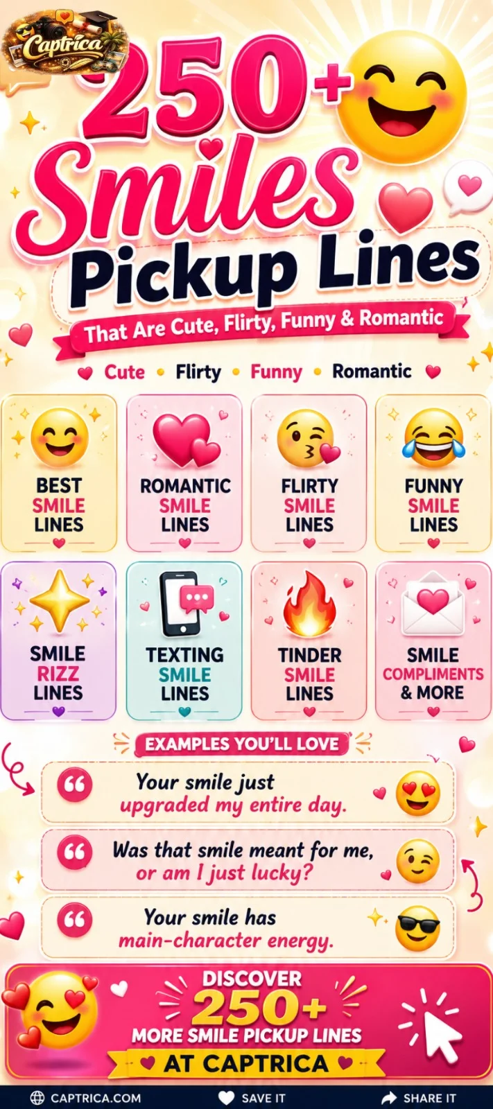 250+ Smiles Pickup Lines infographic featuring cute, flirty, funny, romantic, Tinder, texting, and smile rizz lines for dating conversations and social media.