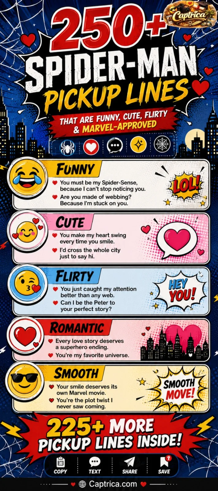 Spider-Man-inspired infographic featuring 250+ funny, cute, flirty, romantic, and smooth pickup lines with original comic-style web graphics for Marvel fans.