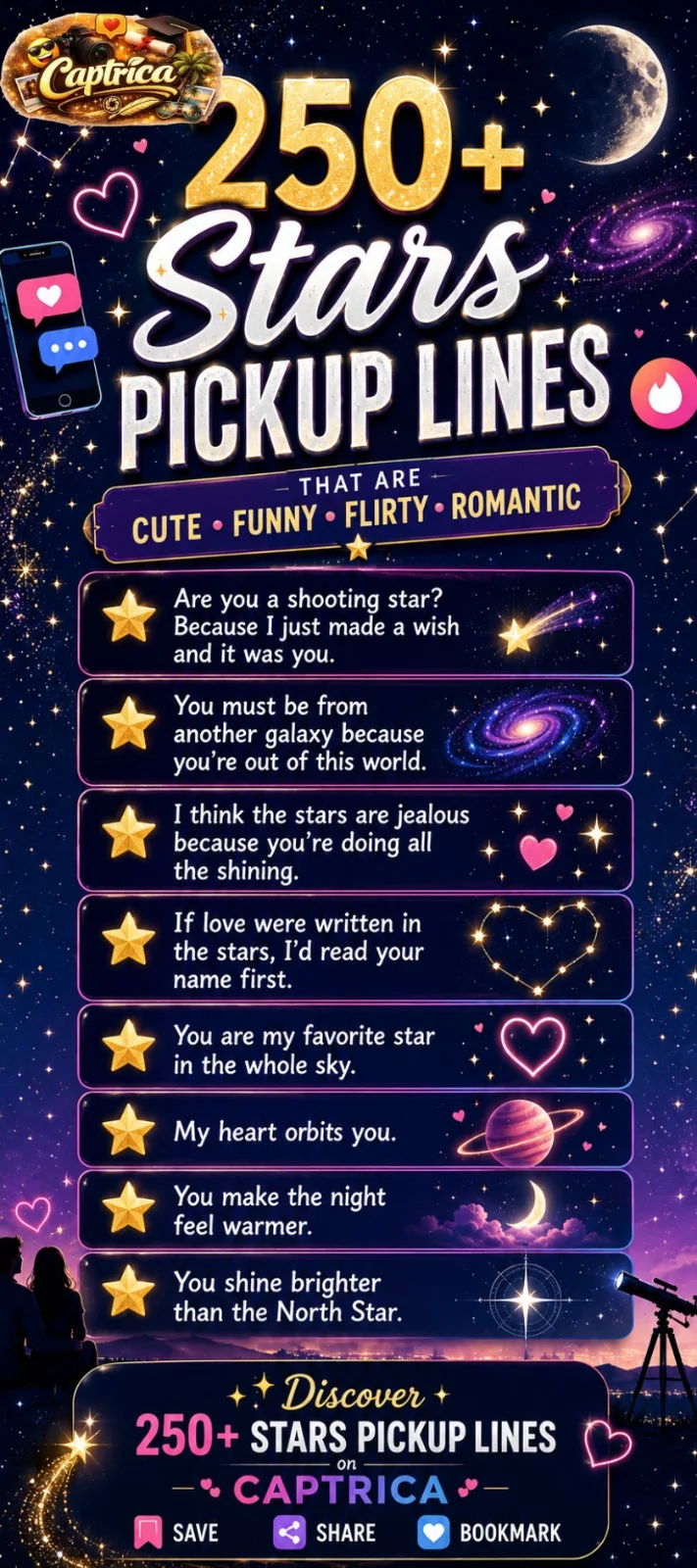 Stars' pickup lines infographic featuring cute, funny, flirty, and romantic star pickup lines with a celestial night sky, shooting stars, constellations, stardust, and galaxy-themed dating quotes.