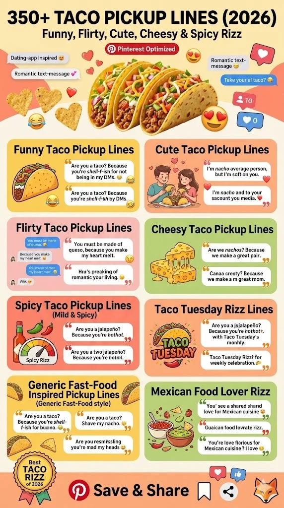 350+ Taco pickup lines infographic featuring funny, flirty, cute, cheesy, spicy taco rizz lines, Taco Tuesday jokes, dating app openers, and Mexican food pickup lines for 2026.