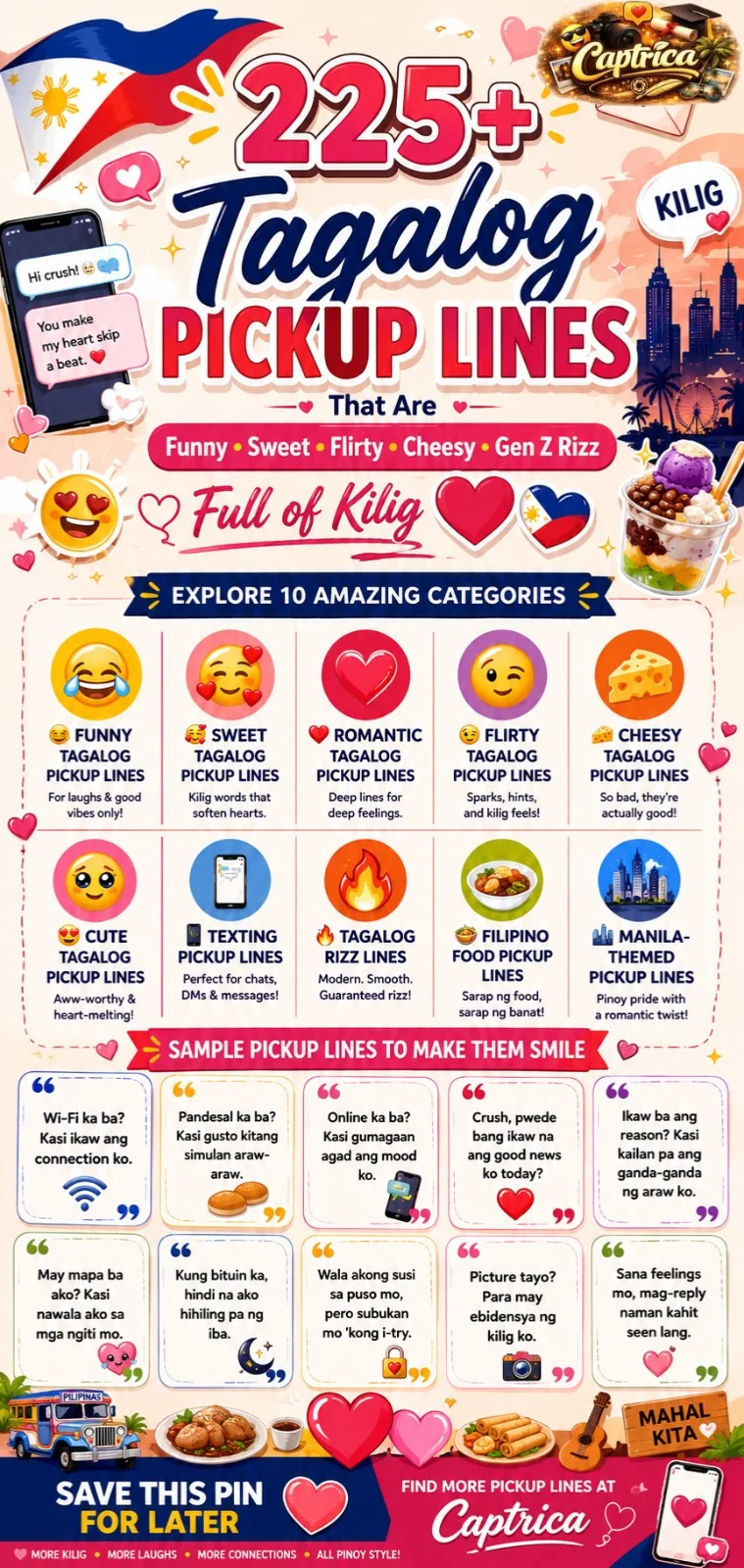 225+ Tagalog pickup lines infographic featuring funny, sweet, flirty, romantic, cheesy, and Gen Z Filipino banat lines full of kilig for crushes and texting.