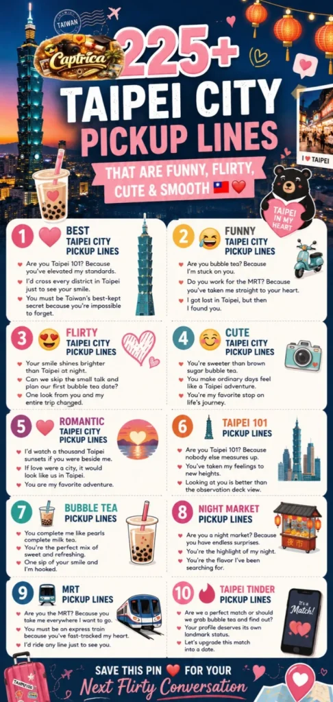Pinterest infographic featuring 225+ Taipei City pickup lines, including funny, flirty, romantic, cute, Tinder, Taipei 101, bubble tea, MRT, and night market pickup lines inspired by Taiwan's capital city.