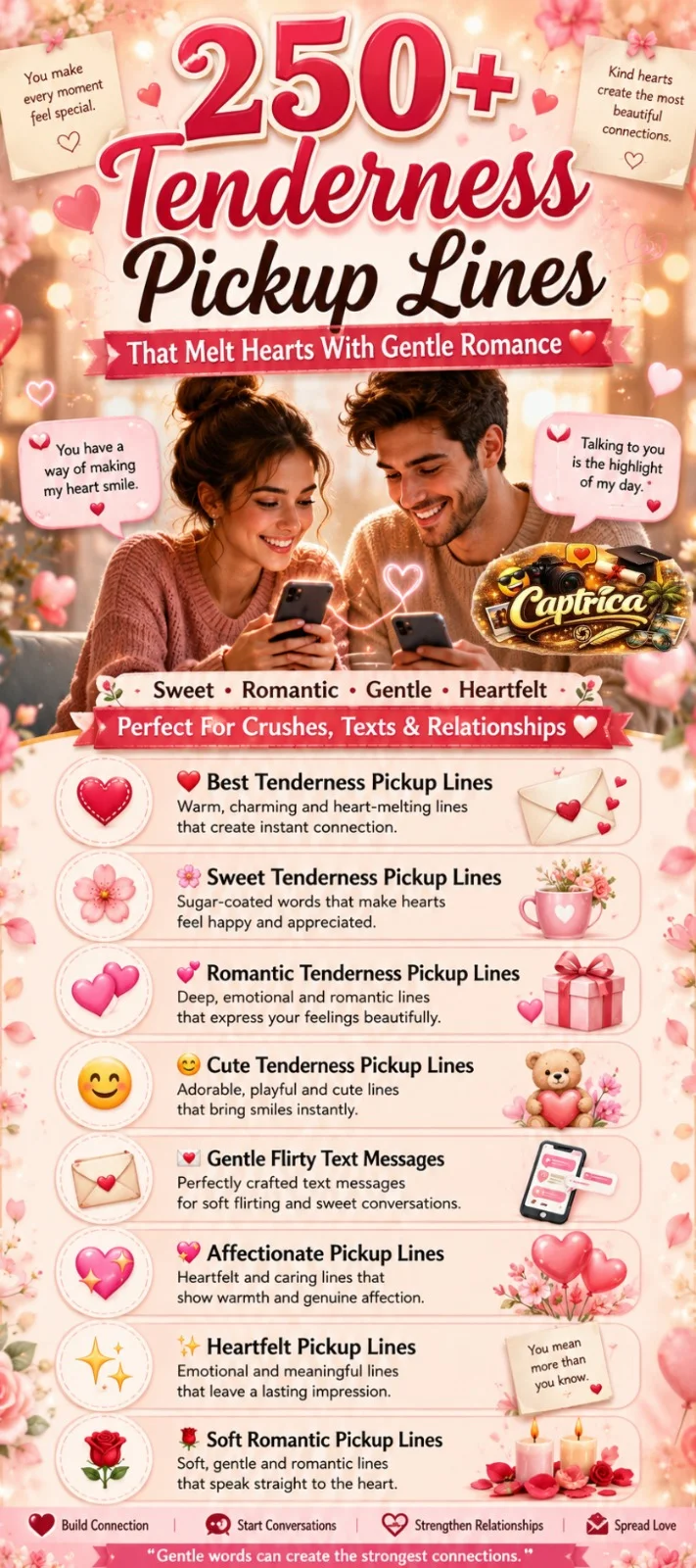 250+ tenderness pickup lines infographic featuring sweet, romantic, affectionate, and gentle pickup lines with soft romance visuals, warm hearts, and modern dating inspiration.