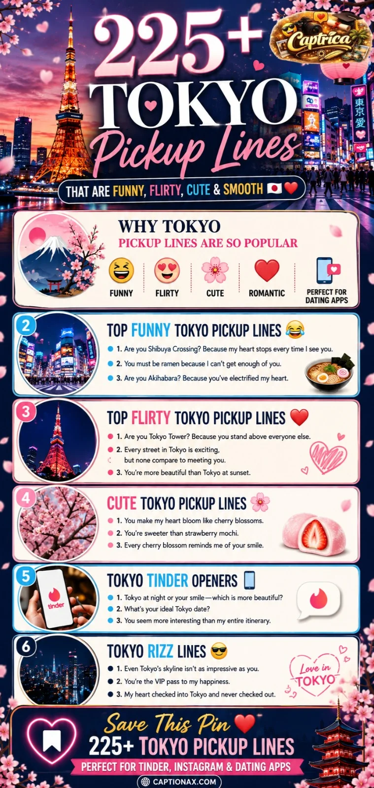 Tokyo Pickup Lines infographic featuring 225+ funny, flirty, cute, smooth, romantic, Tinder, Instagram DM, and Tokyo-themed rizz lines inspired by Tokyo Tower, Shibuya Crossing, cherry blossoms, and Japanese culture.