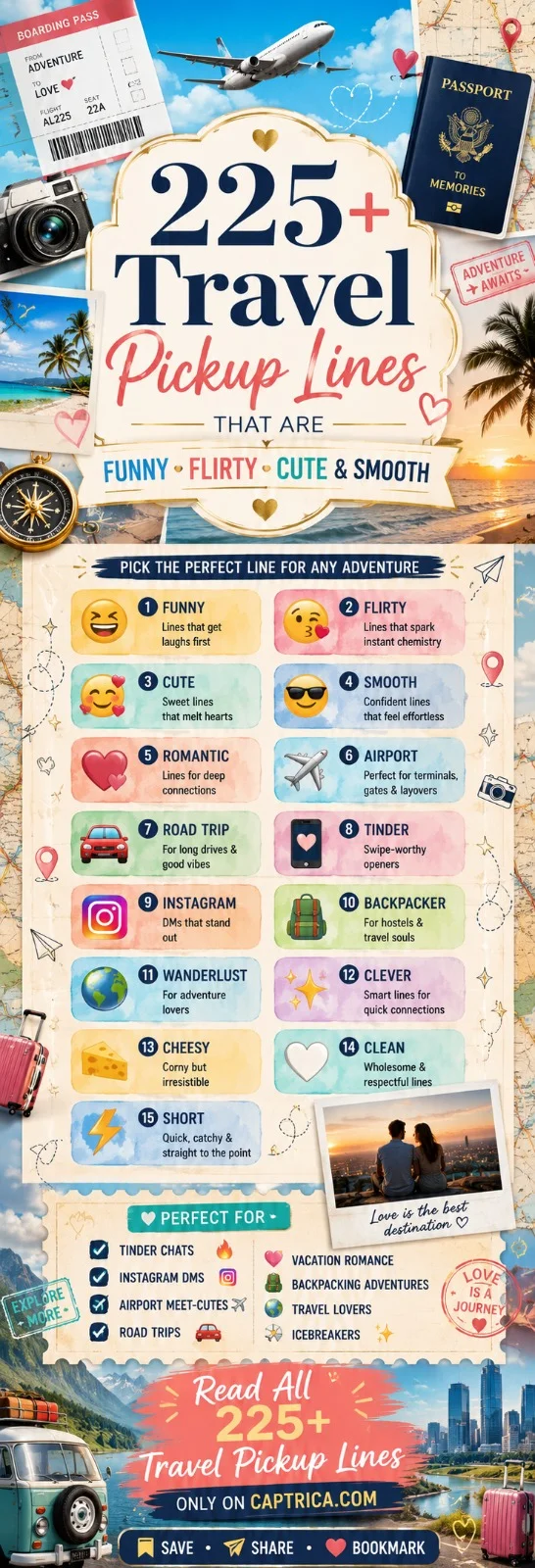 225+ travel pickup lines infographic featuring funny, flirty, cute, smooth, airport, road trip, Tinder, Instagram, and romantic travel pickup lines for modern dating and travel lovers.