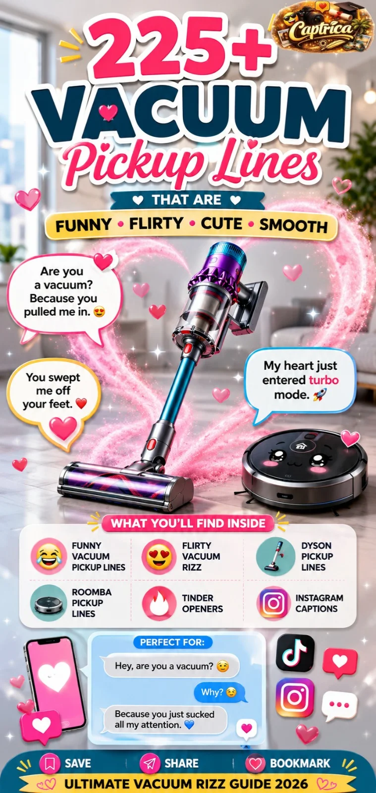 225+ vacuum pickup lines infographic featuring funny, flirty, cute, Dyson, Roomba, Tinder, and vacuum rizz lines with playful cleaning-themed illustrations.